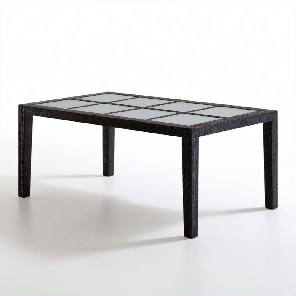 Prostokątny stół ogrodowy z technorattanu i szkła hartowanego 150 × 90 × 74 cm, brązowo-szary