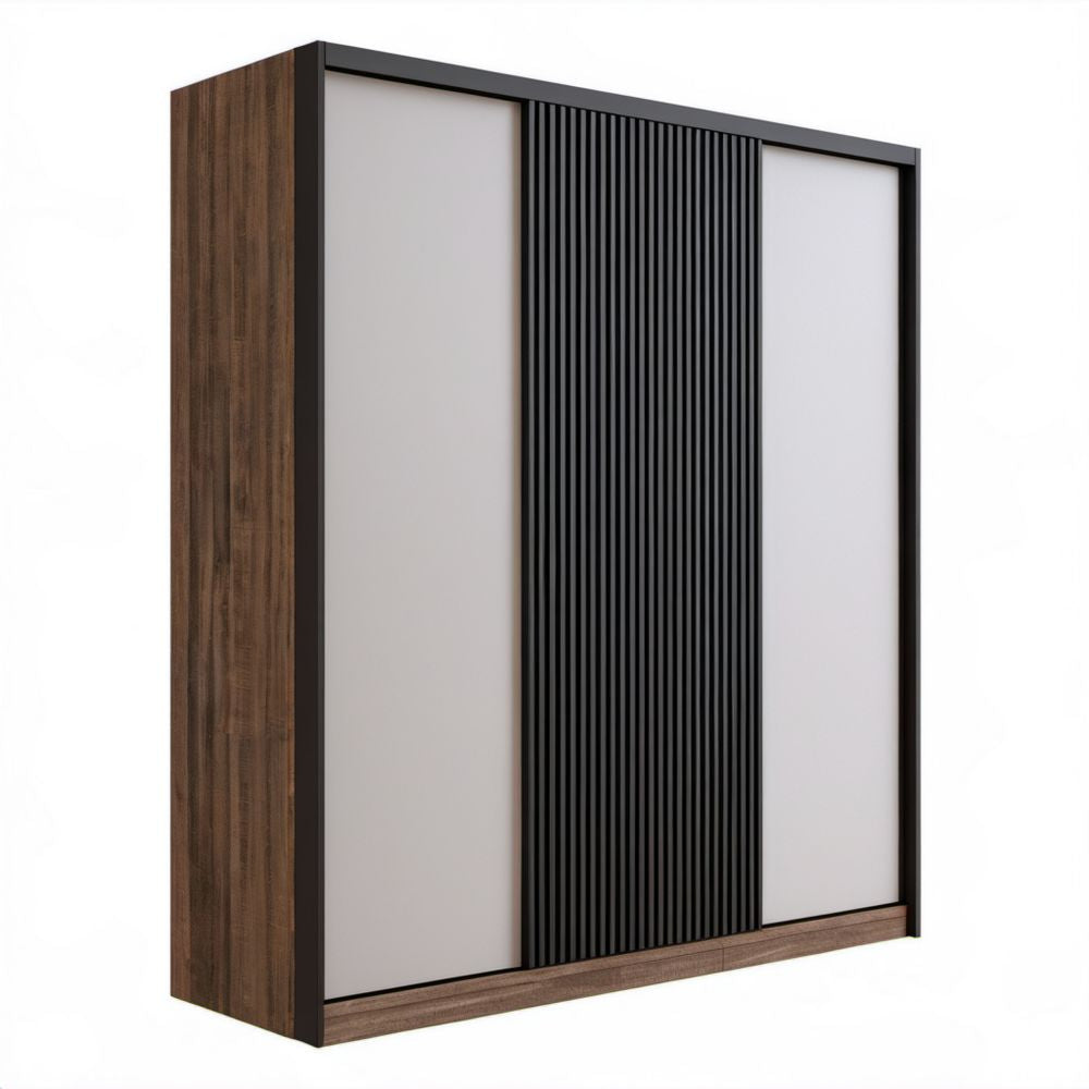 Szafa przesuwna 3-drzwiowa z płyty laminowanej 180 × 60 × 220 cm, ciemnobrązowo-czarno-jasnoszara