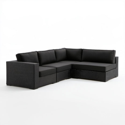 3-częściowa narożna sofa ogrodowa z technorattanu, czarna, 220 x 170 x 85 cm