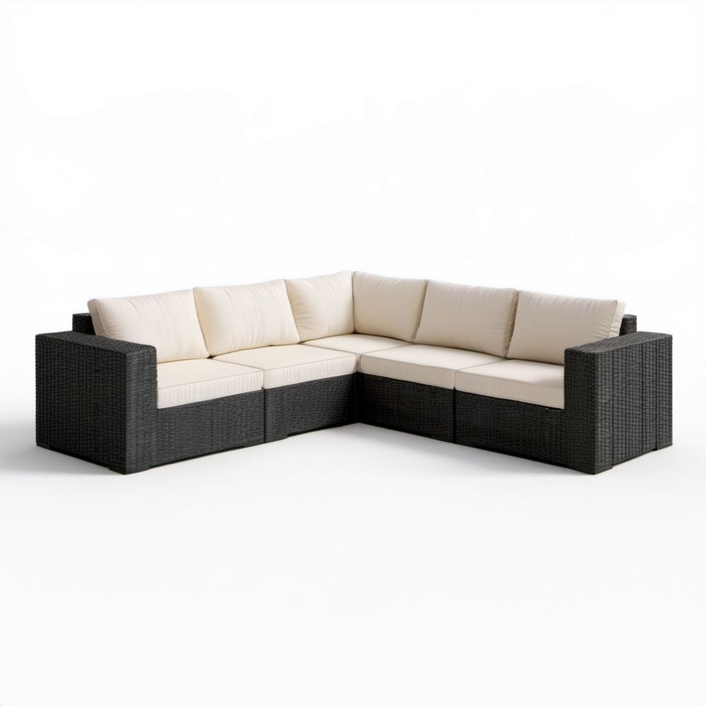 6-elementowa narożna sofa ogrodowa z technorattanu, czarno-kremowa, 280 × 220 × 65 cm