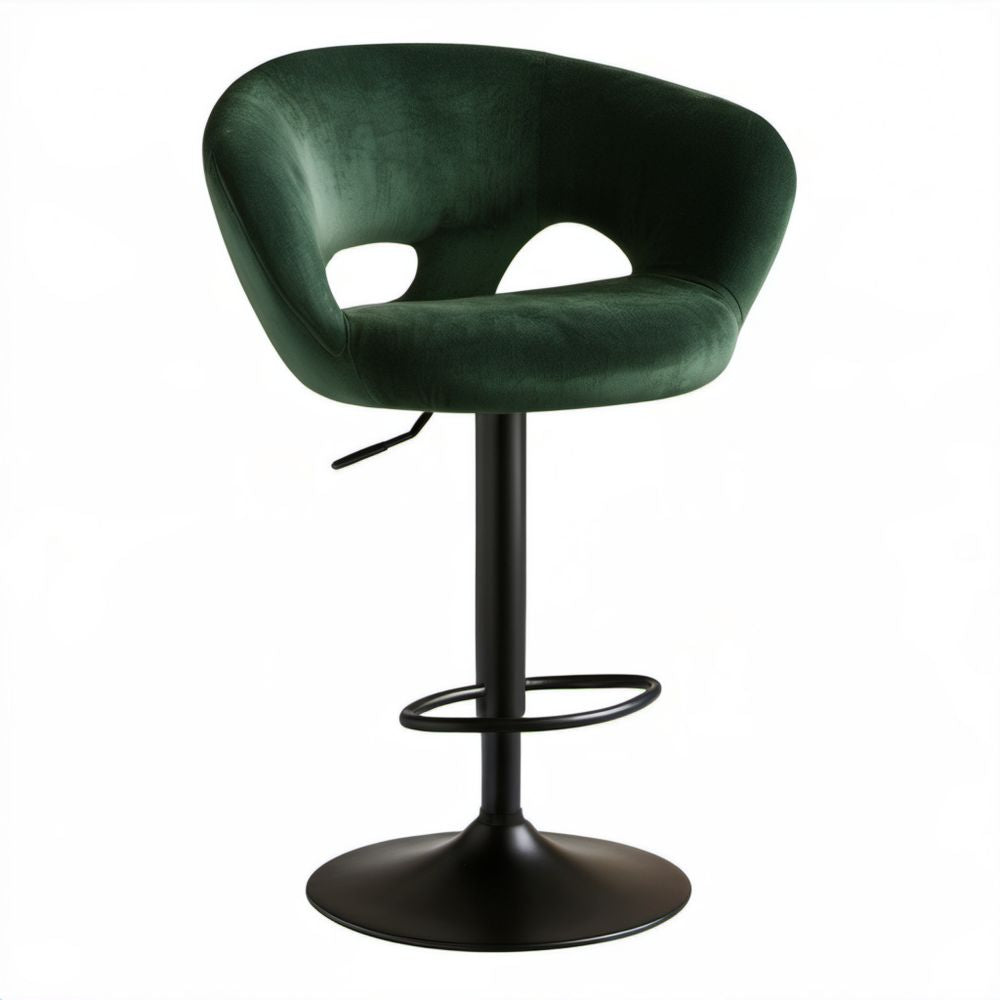 Regulowany hoker barowy z oparciem, zielony, welurowy, na stalowej podstawie, 52 x 55 x 88–109 cm