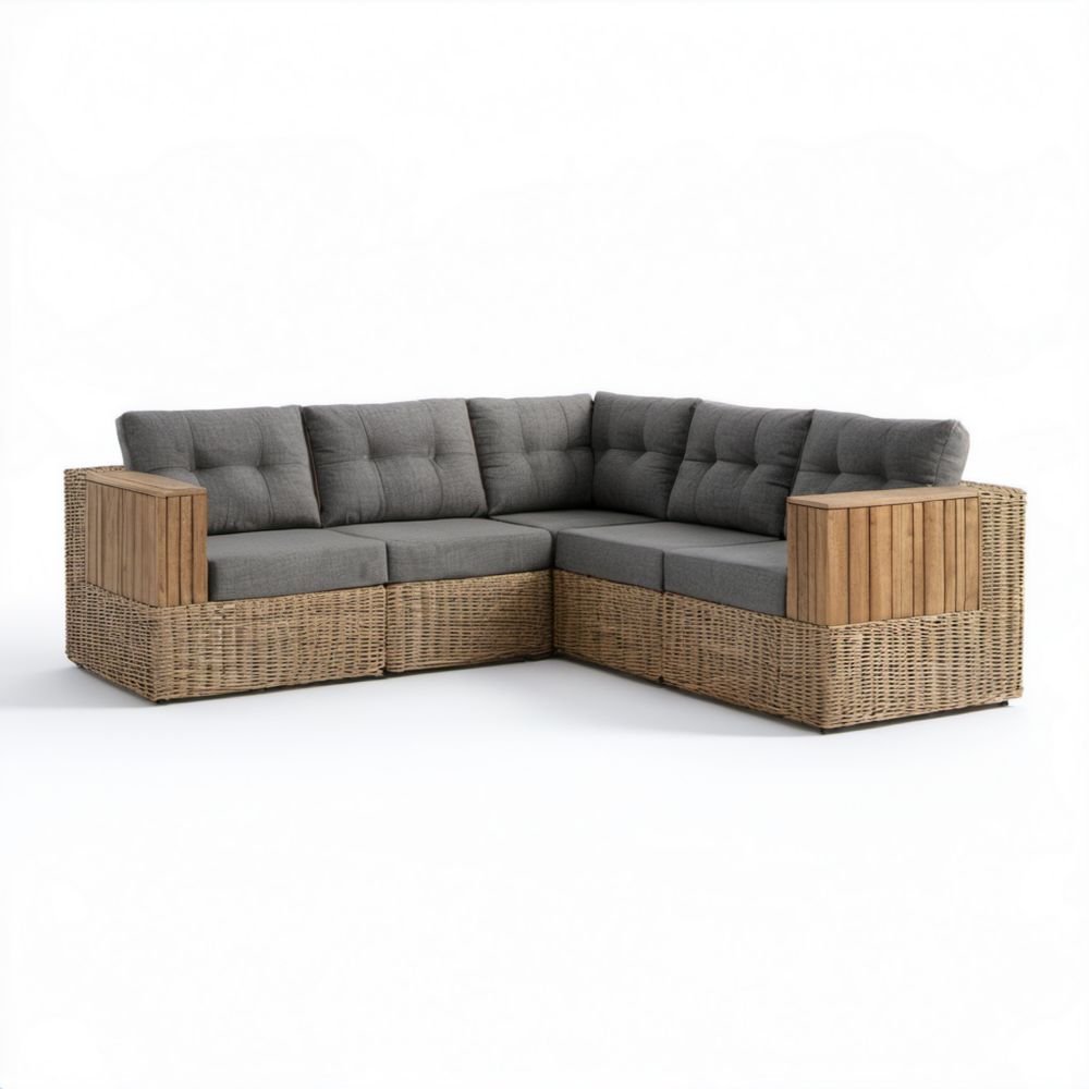 4-osobowa narożna sofa ogrodowa w kształcie L z technorattanu i litego drewna, szara/naturalny brąz, 250 x 250 x 85 cm