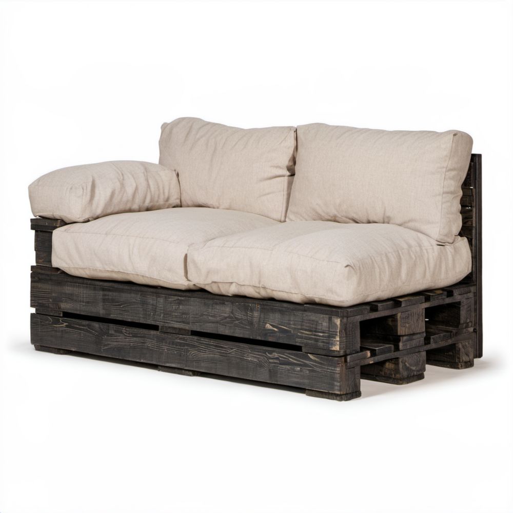 Dwuosobowa sofa ogrodowa z drewna sosnowego, ciemnobrązowa z beżowymi poduszkami, 120 × 80 × 75 cm