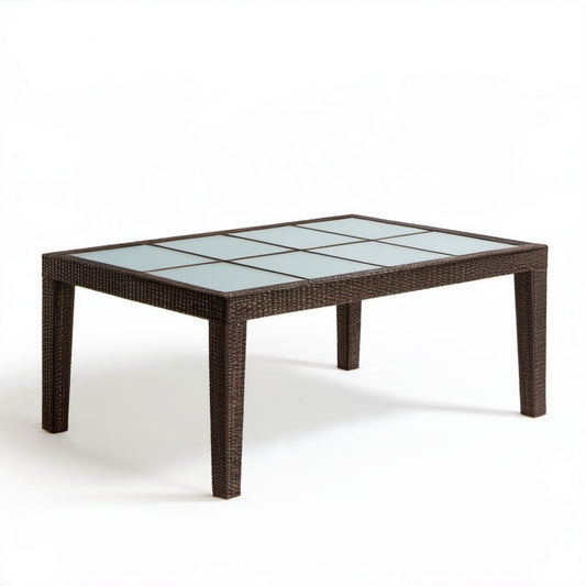 Prostokątny stół ogrodowy z technorattanu i szkła hartowanego 150 x 90 x 75 cm brązowo-jasnoszary