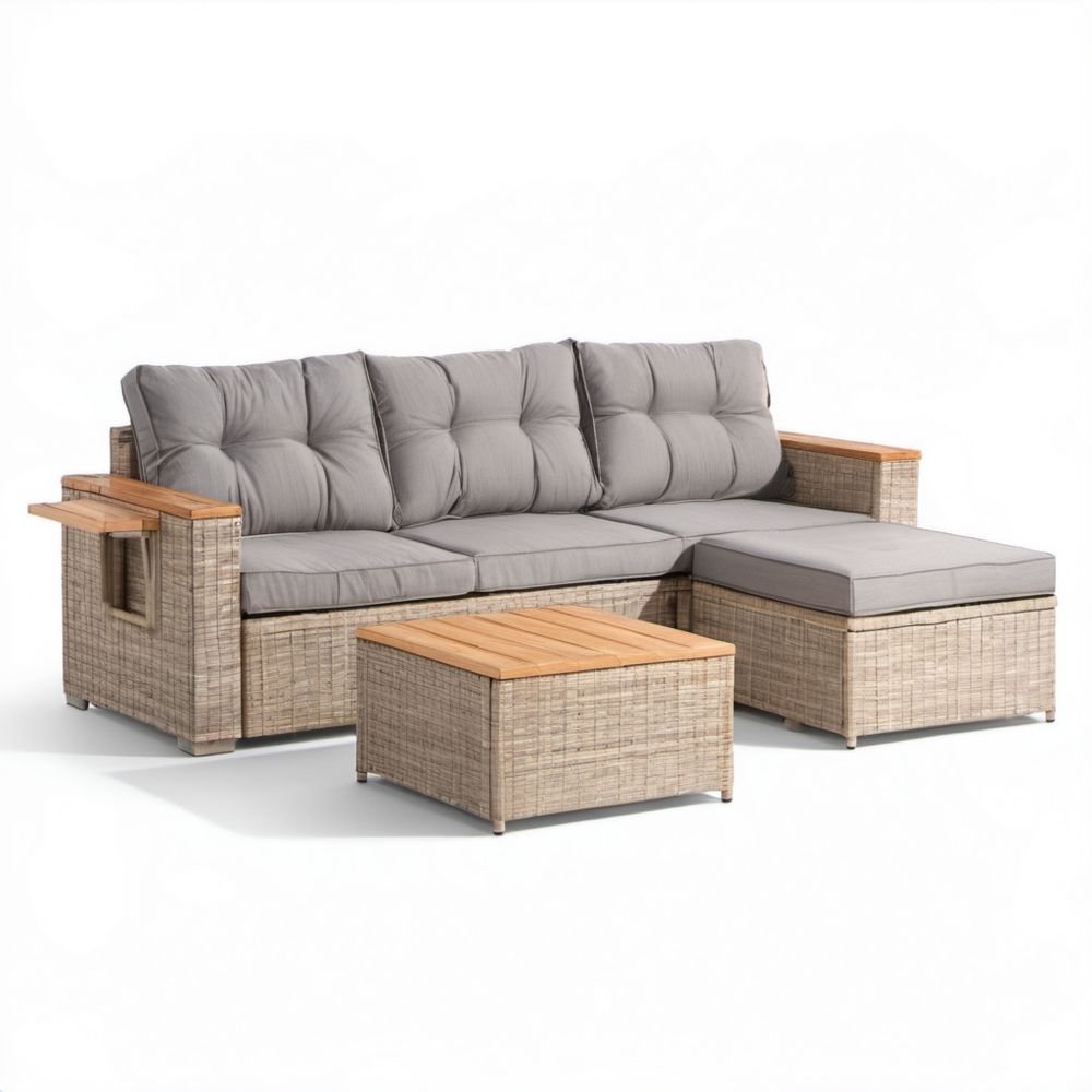 Ogrodowy zestaw mebli z technorattanu – sofa narożna 200 x 130 x 85 cm ze stolikiem, beżowo-szary
