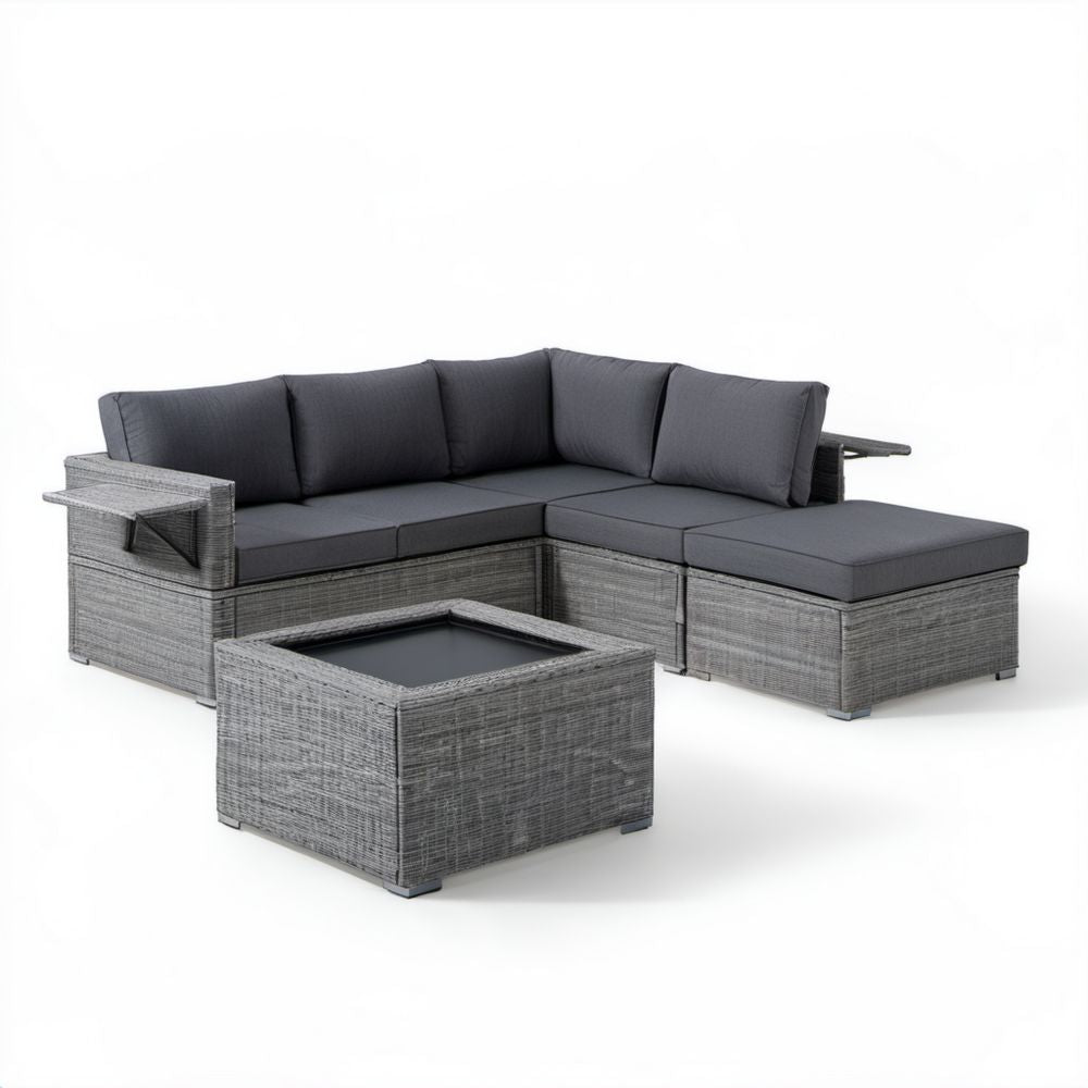 Ogrodowy zestaw mebli z technorattanu PE – sofa narożna ze stolikiem, szary/antracyt, 210 × 140 × 64 cm