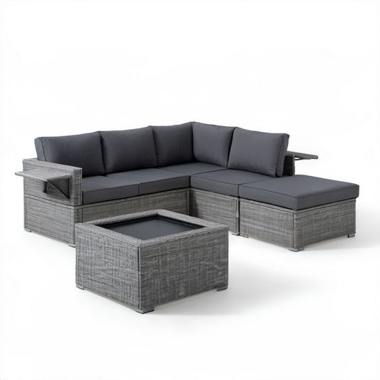 Ogrodowy zestaw mebli z technorattanu PE – sofa narożna ze stolikiem, szary/antracyt, 210 × 140 × 64 cm