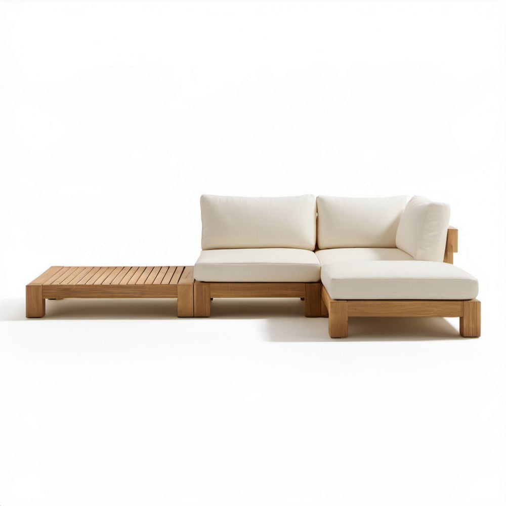 Modułowa drewniana sofa ogrodowa narożna 3-elementowa z szezlongiem i stolikiem, beżowa/naturalny brąz, 300 × 160 × 70 cm