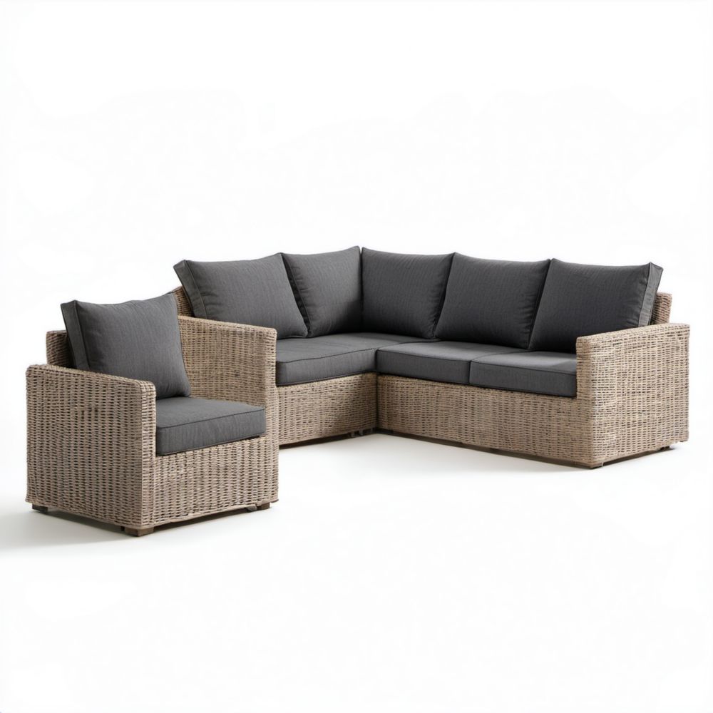 Ogrodowy zestaw mebli z technorattanu – sofa narożna 190 × 140 cm i fotel, beżowo-ciemnoszary