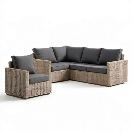 Ogrodowy zestaw mebli z technorattanu – sofa narożna 190 × 140 cm i fotel, beżowo-ciemnoszary