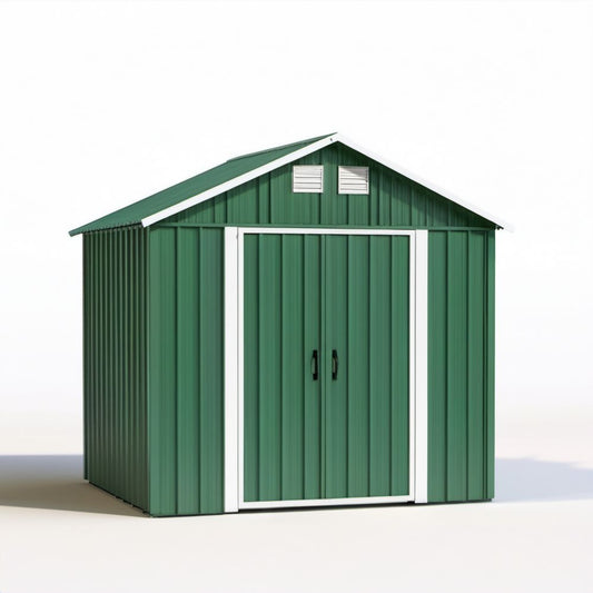 Zielony metalowy domek ogrodowy 213 x 130 x 185 cm z białymi elementami